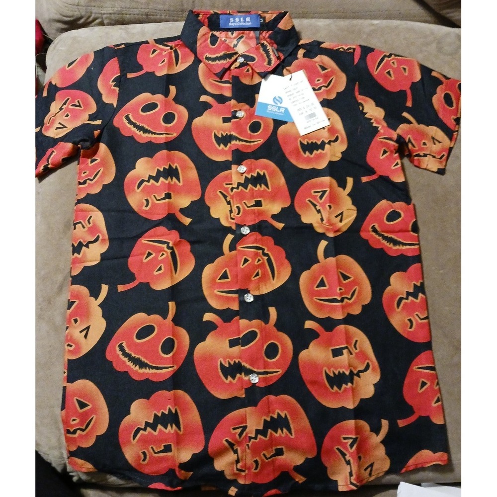 NEW SSLR Boys Short Sleeve Jack o Lantern Halloween Pumpkin Print‎ Dress Shirt M
